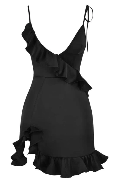Shop Mistress Rocks Strappy Ruffle Satin Minidress In Black
