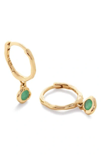 Shop Monica Vinader Mini Siren Emerald Huggie Hoop Earrings In 14k Solid Gold / Emerald