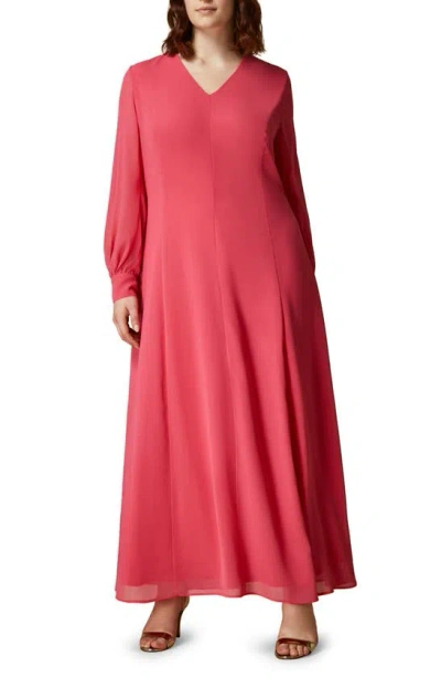 Shop Marina Rinaldi Long Sleeve Georgette Maxi Dress In Pink Red