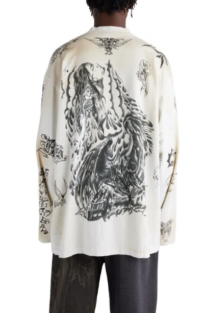 Shop Balenciaga Tattoo Distressed Long Sleeve Cotton Graphic T-shirt In Off White/ Black