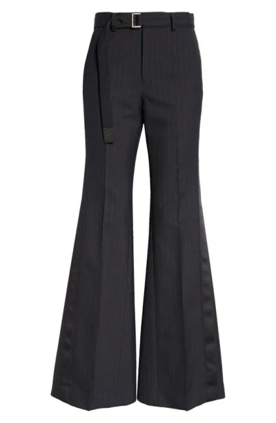 Shop Sacai Pinstripe Flare Tuxedo Pants In Navy