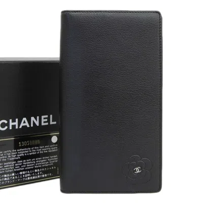 Pre-owned Chanel Camellia Black Leather Wallet  ()