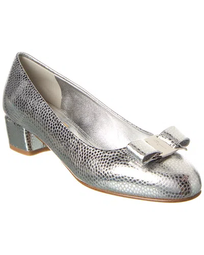 Ferragamo Vara Bow Metallic Leather Pump In Silver