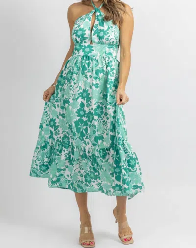Shop Sundayup Halterneck Ruffle Midi Dress In Green Floral