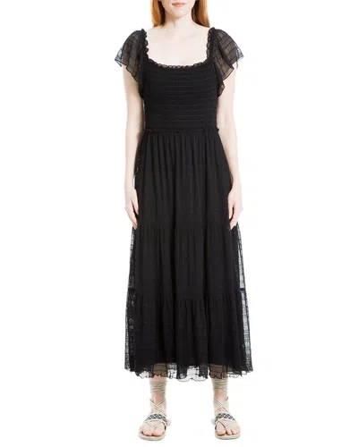 Shop Max Studio Mesh Flutter Sleeve Smocked Midi Dress In Black