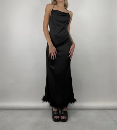 Shop Et Clet Fur Hem Satin Slip Midi Dress In Black