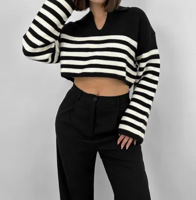 Shop Crescent Striped Boxy Polo Sweater In Black