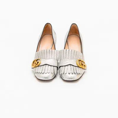 Pre-owned Gucci Silver Foil Leather Gg Marmont Fringe Block Heel Pumps, 36.5