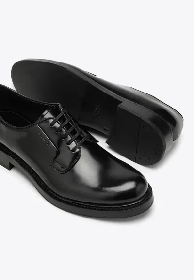 Shop Prada Brushed Leather Derby Shoes In Black