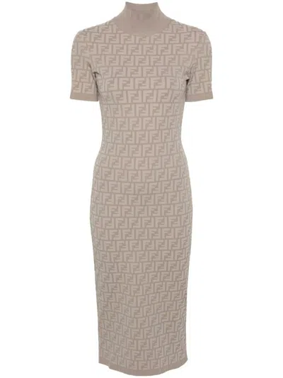 Shop Fendi Fitted Midi Dress Clothing In Nude & Neutrals