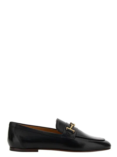 Shop Tod's Black Loafers With Gold-tone Double 't' Detail In Leather Woman