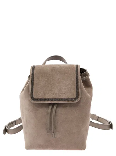 Shop Brunello Cucinelli Beige Backpack With Engraved Logo And Monile Detail In Suede Woman In Grey