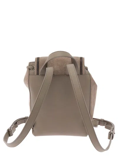 Shop Brunello Cucinelli Beige Backpack With Engraved Logo And Monile Detail In Suede Woman In Grey