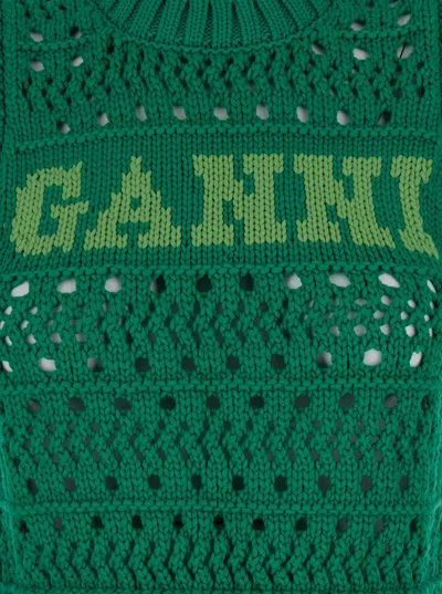 Shop Ganni Green Crochet Vest With Logo In Cotton Woman