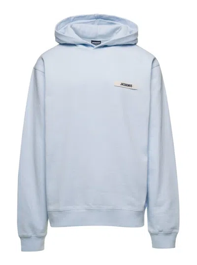 Shop Jacquemus 'le Hoodie Gros-grain' Light Blue Hoodie With Logo Patch In Cotton Man
