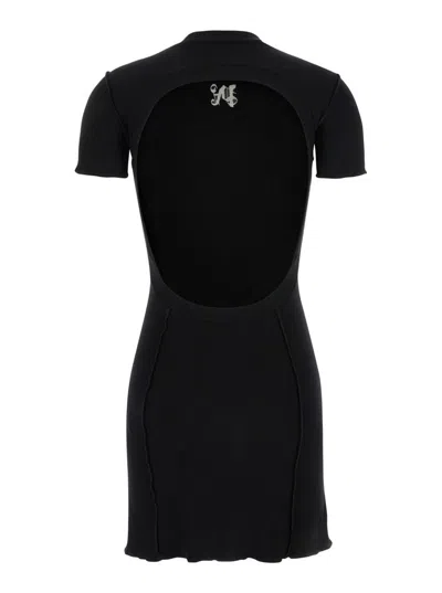 Palm Angels Monogram Ribbed Dress With Frayed Edges In Black