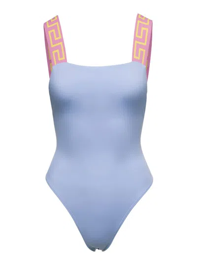 Shop Versace Light Blue One-piece Swimsuit With Greca Motif On The Straps In Polyamide Woman