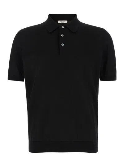 Shop La Fileria Black Knit Polo Shirt With Classic Collar In Cotton Man
