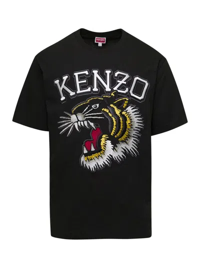 Shop Kenzo Black T-shirt With Tiger Varsity Embroidery In Cotton Man