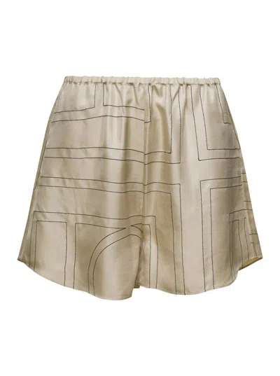 Shop Totême Beige Shorts With Geometric Logo Print In Silk Woman