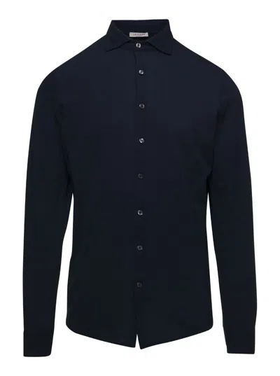 Shop La Fileria Blue Knit Shirt With Classic Collar In Cotton Man