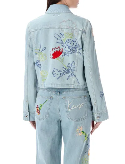 Shop Kenzo Drawn Flowers Denim Jacket In Stone Washed Blue