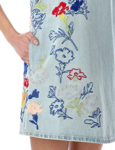 Shop Kenzo Drawn Flowers Denim Mini Dress In Stone Washed Blue