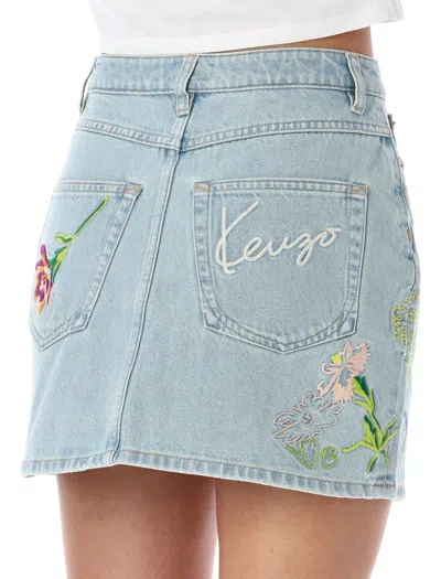 Shop Kenzo Drawn Flowers Denim Mini Skirt In Stone Washed Blue