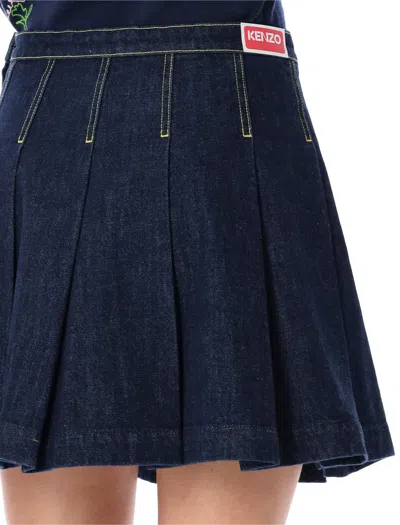 Shop Kenzo Pleated Mini Denim Skirt In Rinsed Blue Denin