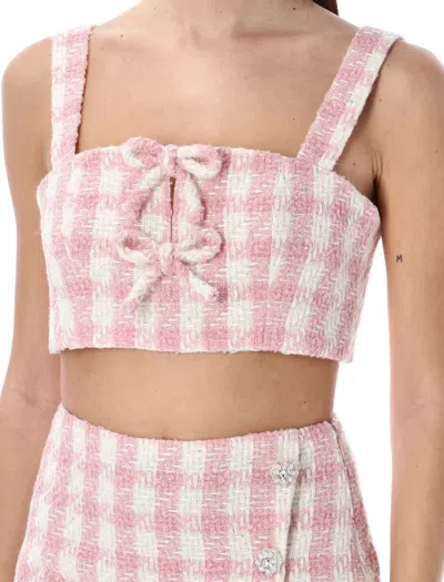 Shop Self-portrait Check Bouclé Crop Top In Pink Check