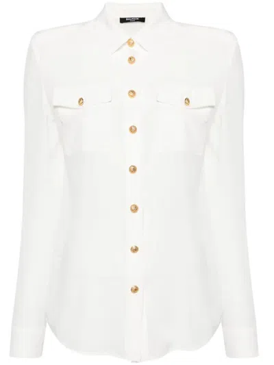 Balmain Button-embellished Silk Crepe De Chine Shirt In White