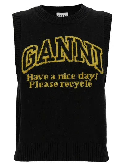 Shop Ganni Black Sleeveless Vest With Contrasting Logo In Wool Blend Woman