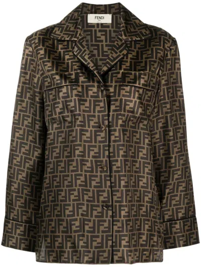 Shop Fendi Twill Shirt With Ff Print Clothing In Brown