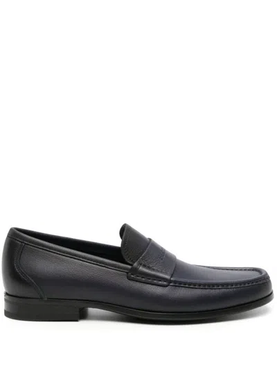 Ferragamo Black Loafer With Logo In Leather Man In Blue