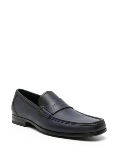Ferragamo Black Loafer With Logo In Leather Man In Blue