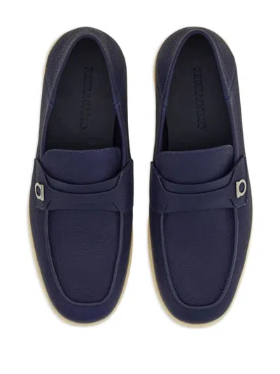Ferragamo Leather Loafers With Gancini Ornament In Blue