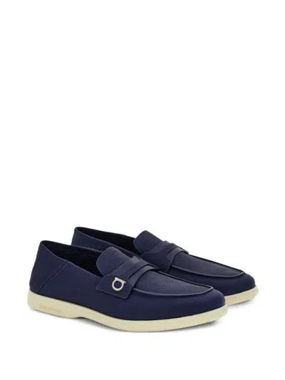 Ferragamo Leather Loafers With Gancini Ornament In Blue