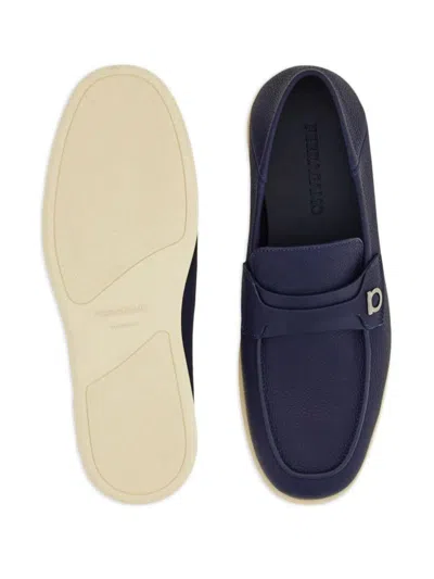 Ferragamo Leather Loafers With Gancini Ornament In Blue