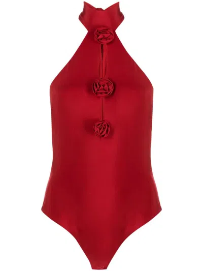 Shop Magda Butrym Bodysuit With Rose Appliqués Around The Neck In Red