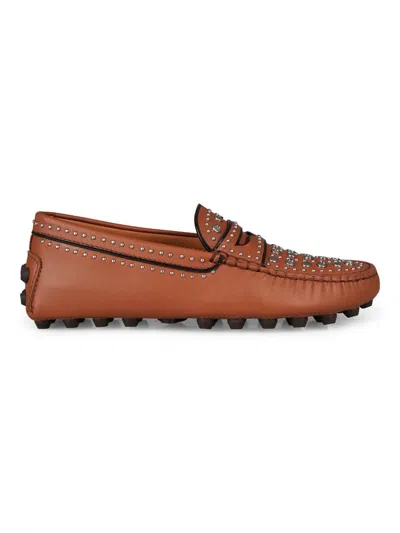 Shop Tod's Studded Gommino Loafers Shoes In Brown