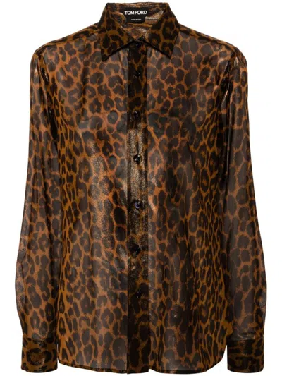 Shop Tom Ford Laminated Leopard Print Shirt Clothing In Brown