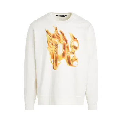 Palm Angels White Crewneck Sweatshirt With Burning Logo Print In Cotton Man