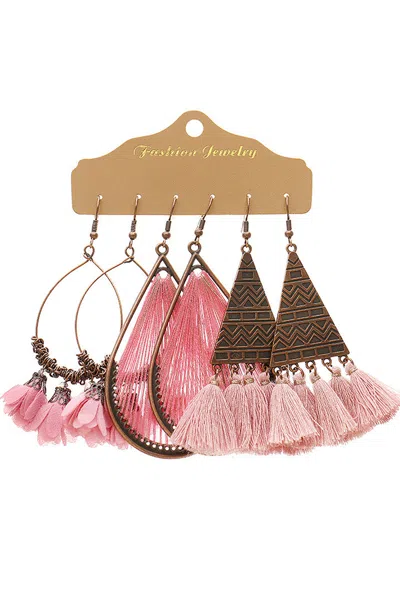 Shop Threaded Pear 3 Pairs Boho Floral Tasseled Geometric Dangle Earrings Set In Pink