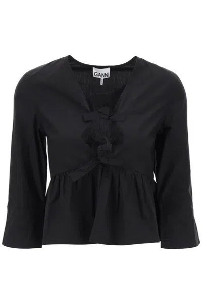 Ganni Poplin Front-tie Peplum Blouse With Puffed-sleeves In Black