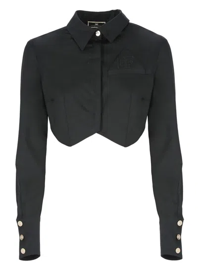 Shop Elisabetta Franchi Logo Embroidered Cropped Shirt In Black
