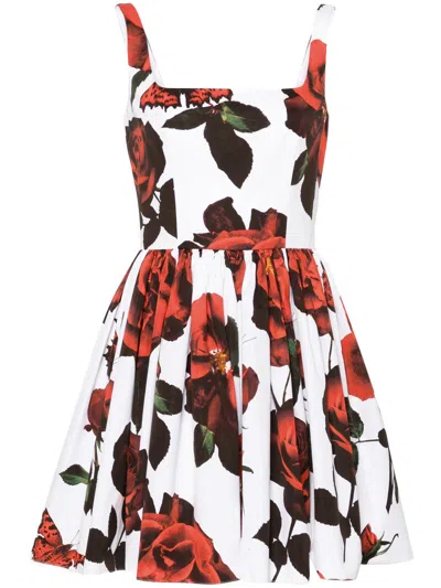 Shop Alexander Mcqueen Floral-print Flared Mini Dress - Women's - Cotton In Weiss