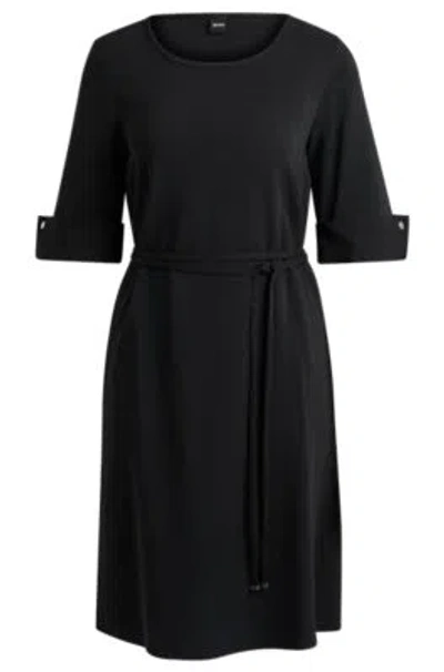 Shop Hugo Boss Short-sleeved Dress In Stretch Material With Tie Belt In Black