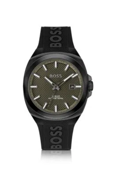 Shop Hugo Boss Silicone-logo-strap Watch With Olive Guilloch Dial Men's Watches In Assorted-pre-pack