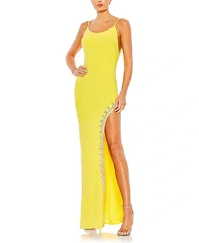 Shop Mac Duggal Rhinestone Encrusted Side Slit Cami Bodycon Gown In Yellow