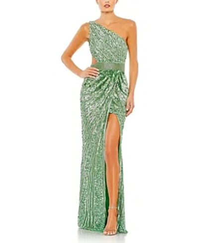 Shop Mac Duggal Sequined One Shoulder Draped Lace Up Gown In Sage
